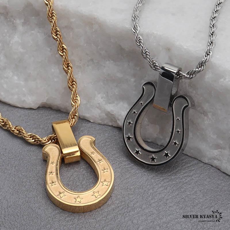 ゴールド、60cm) ステンレス 馬蹄ネックレス ロープチェーン ゴールド 