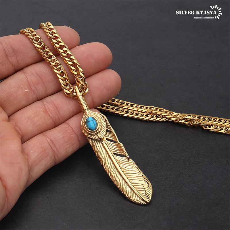 60cm) ステンレス フェザーネックレス ターコイズ イーグルネックレス 