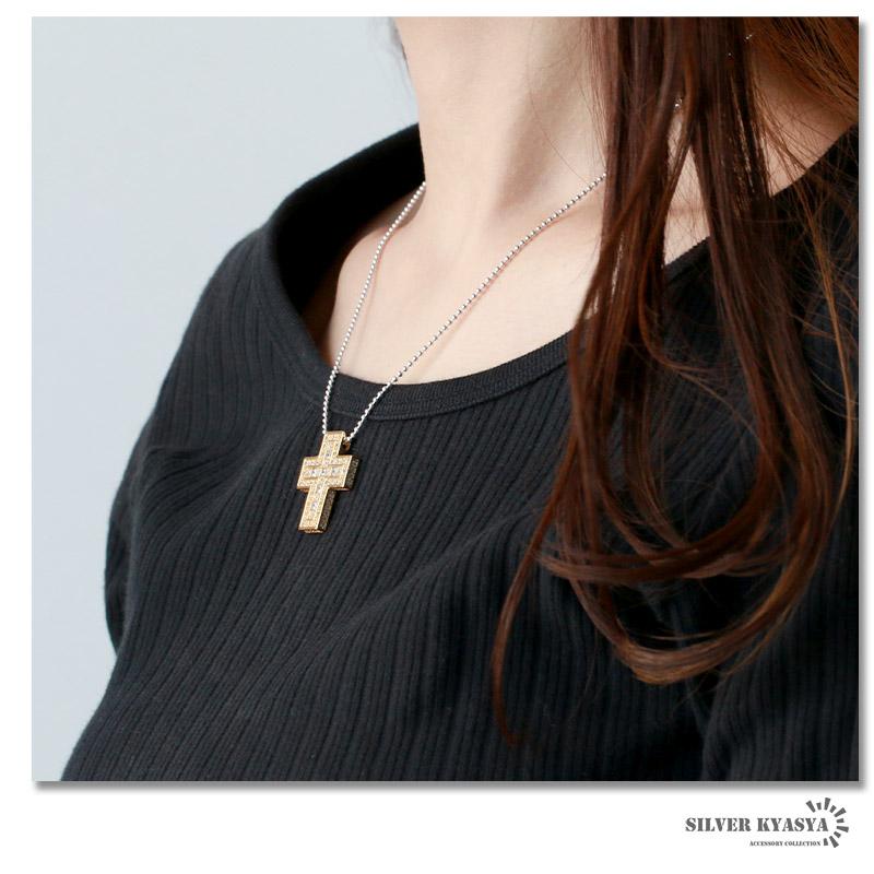 シルバー) シルバー925 ダブルクロスネックレス 18K GP ゴールド CZ