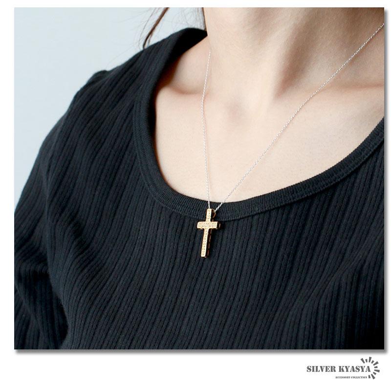 (シルバー) シルバー925 クロスネックレス 18K GP ゴールド ネックレス CZ パヴェ あずきチェーン 十字架 BOX