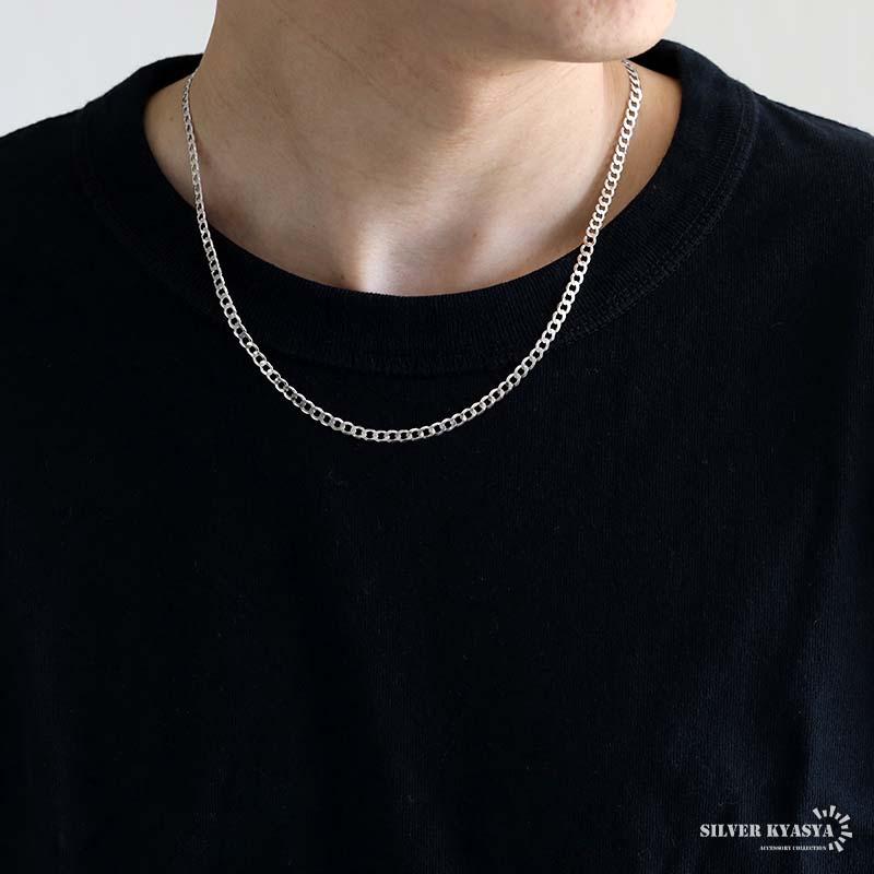 シルバー925 喜平ネックレス 薄い 厚み 1mm 幅4mm チェーンネックレス 希少 フラット 六面カット 男性 メンズ 金アレ対応の画像