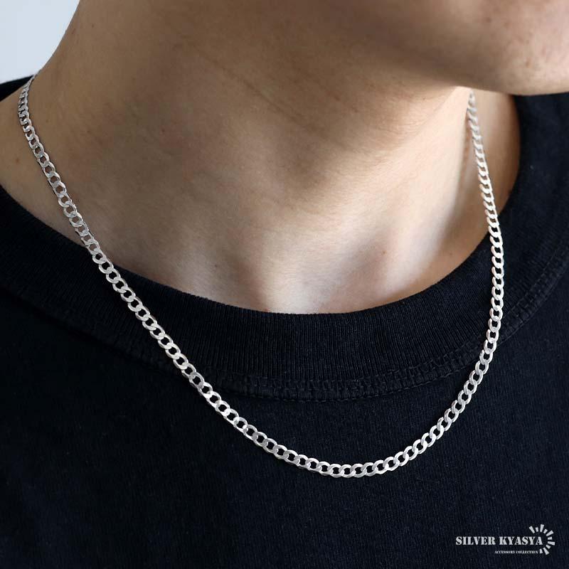 シルバー925 喜平ネックレス 薄い 厚み 1mm 幅4mm チェーンネックレス 希少 フラット 六面カット 男性 メンズ 金アレ対応の画像