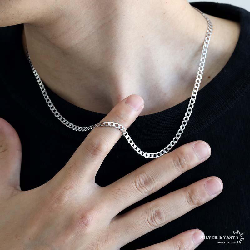 シルバー925 喜平ネックレス 薄い 厚み 1mm 幅4mm チェーンネックレス 希少 フラット 六面カット 男性 メンズ 金アレ対応の画像