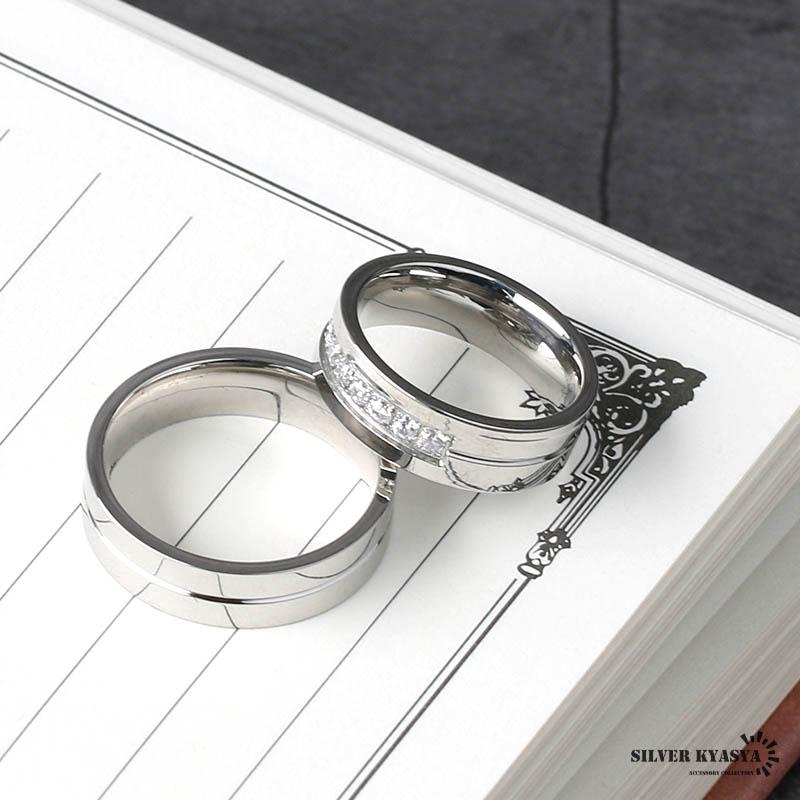 メンズ17号、レディース14号) ステンレス ペア リング CZ 爪留め 平