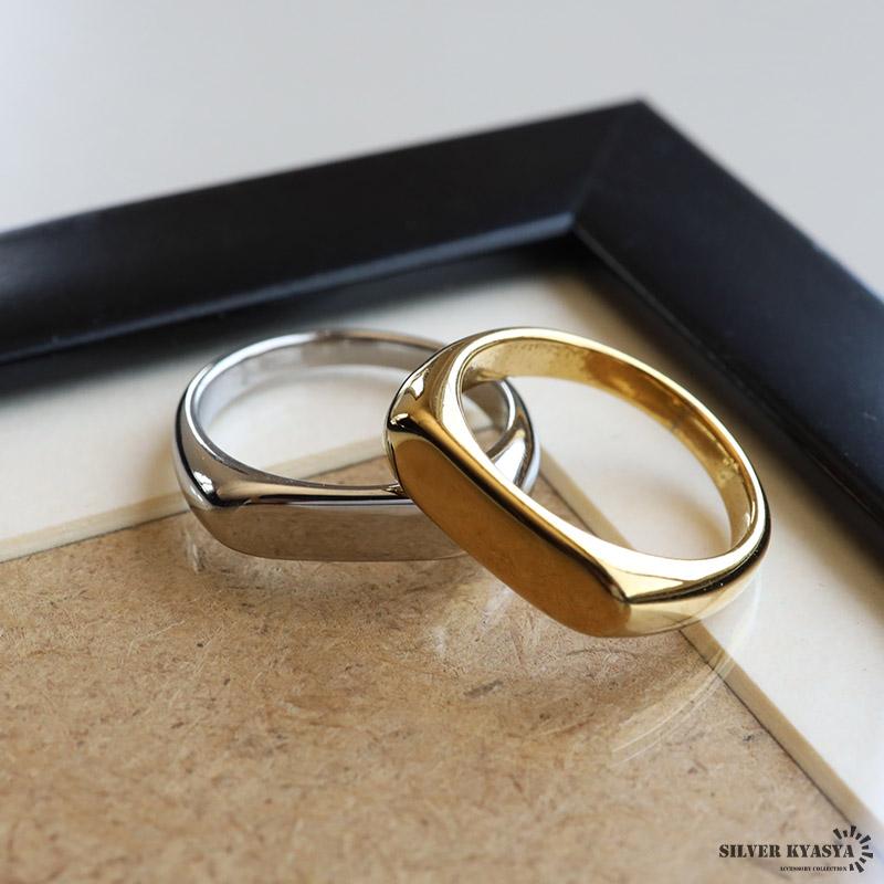 シルバー、21号) ステンレス 細身 印台リング シンプル ゴールド 18K
