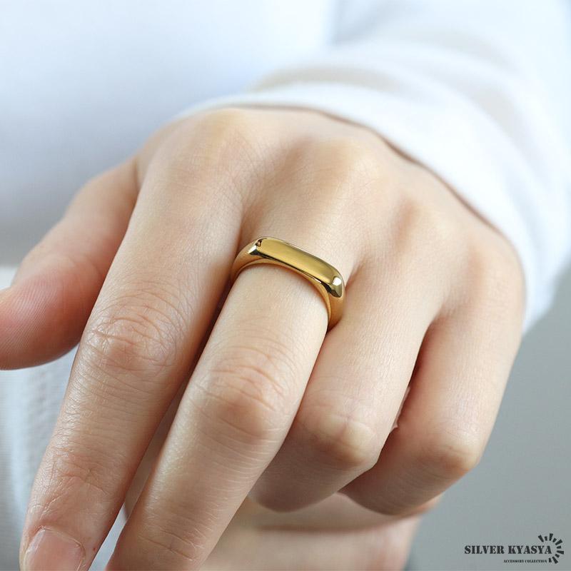 シルバー、21号) ステンレス 細身 印台リング シンプル ゴールド 18K