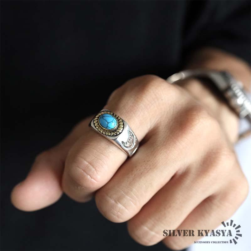 22号) シルバー925 指輪 印台リング メンズリング ターコイズ 金縄