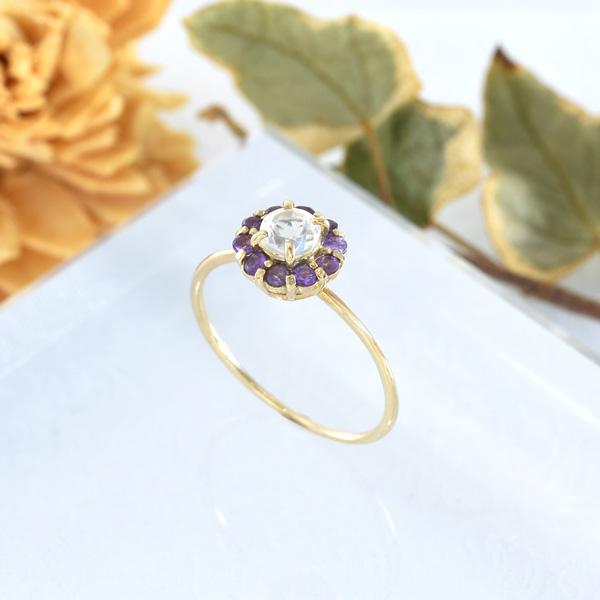 リング ムーンストーン アメシスト K10イエローゴールド フローラ