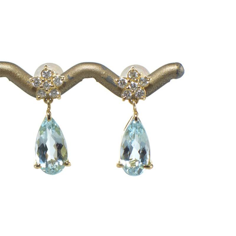 ピアス アクアマリン ダイヤモンド K18イエローゴールド フラワー 