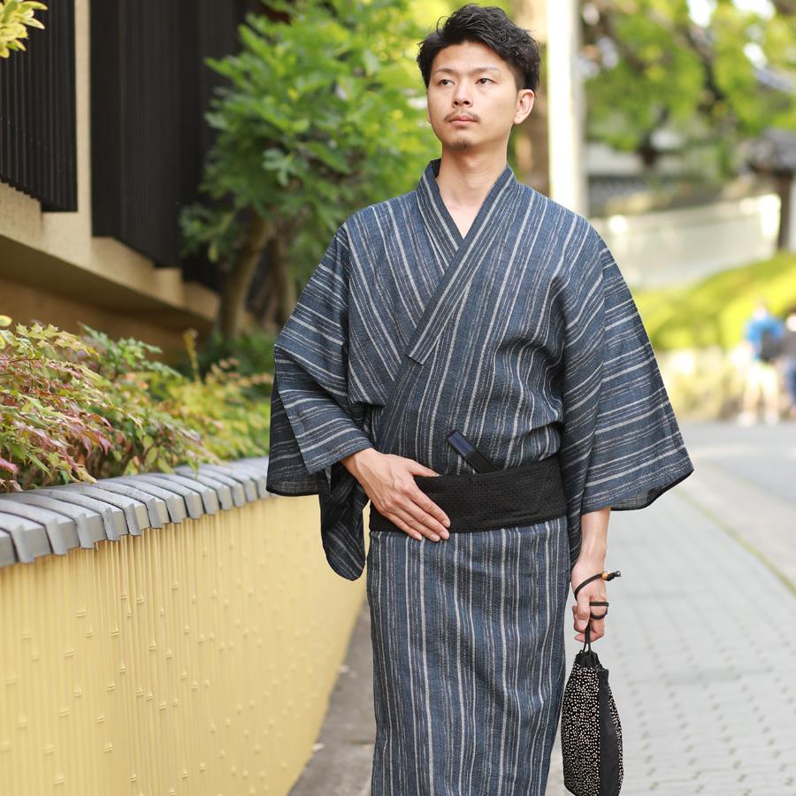 単品】紳士綿麻しじら浴衣 F柄 両滝縞藍鼠 SS/S/M/L/LL 織り 単品】紳士綿麻しじら浴衣 F柄 両滝縞藍鼠 SS/S/M/L/LL 織り
