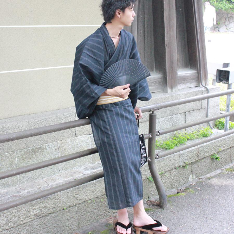 トールサイズ□古典綿麻しじら織り綿麻浴衣□静青縦縞の夏着物