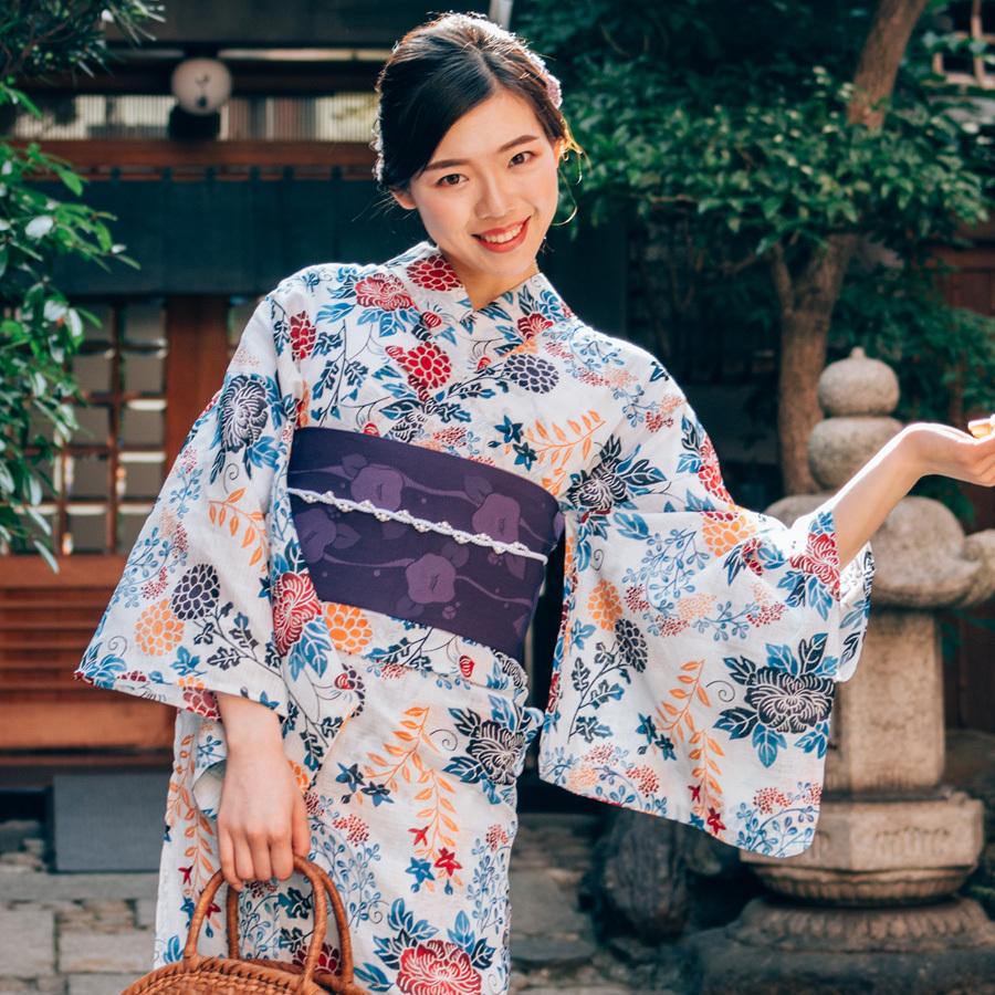 レディース 浴衣 単品 綿麻【15】麻混 高級 ゆかた ホワイト系 菊 牡丹
