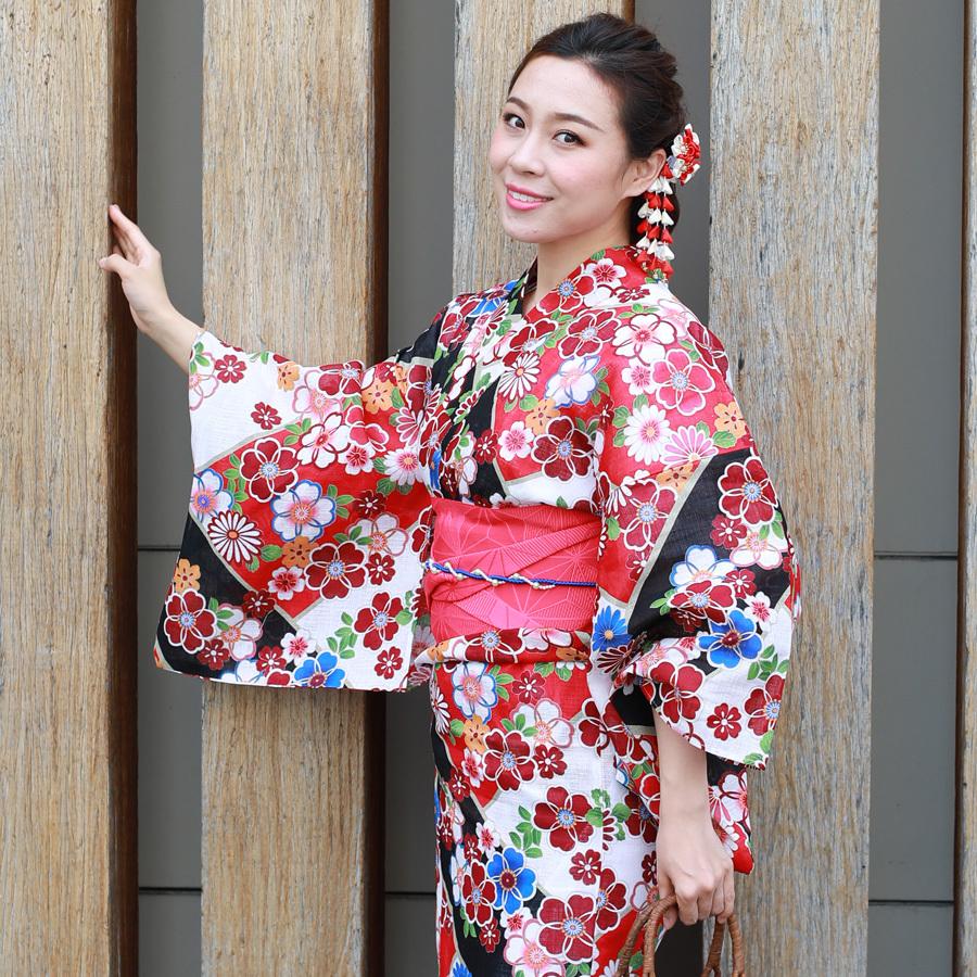 レディース 浴衣 単品 綿麻【26】麻混 高級 ゆかた 黒系 桜 菊 : 京の 