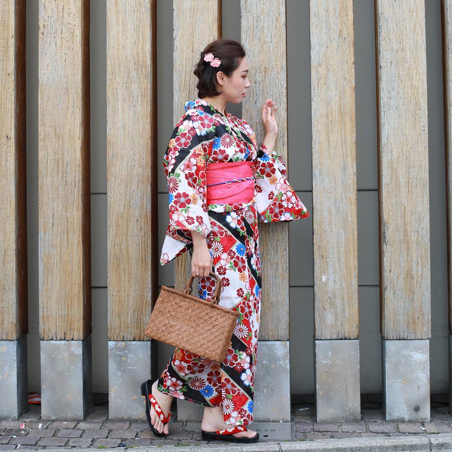 レディース 浴衣 単品 綿麻【26】麻混 高級 ゆかた 黒系 桜 菊 : 京の