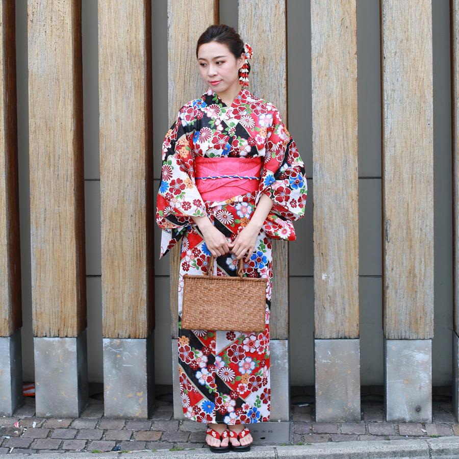 レディース 浴衣 単品 綿麻【26】麻混 高級 ゆかた 黒系 桜 菊 : 京の