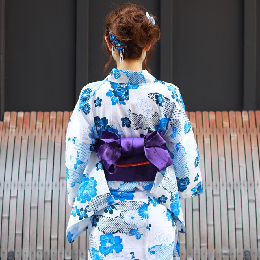 レディース 浴衣 単品 綿麻【29】麻混 高級 ゆかた 白系 菊 牡丹 : 京