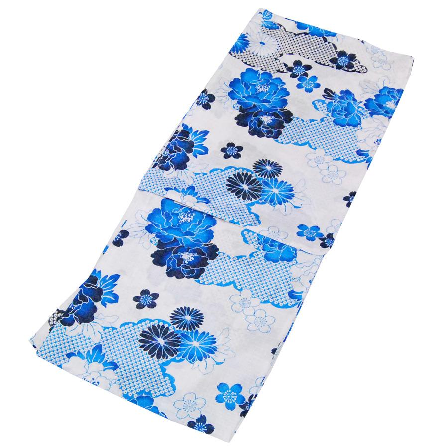 レディース 浴衣 単品 綿麻【29】麻混 高級 ゆかた 白系 菊 牡丹 : 京