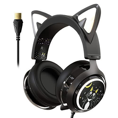 ファッションデザイナー 猫耳ヘッドセット EASARS USBゲーム用ヘッドセット PS5用 PS4 PC 有線ヘッドセット RGB照明 7.1サラウンドサウンド 格納式ノイズキャンセリングマイク付き イヤホンマイク、ヘッドセット