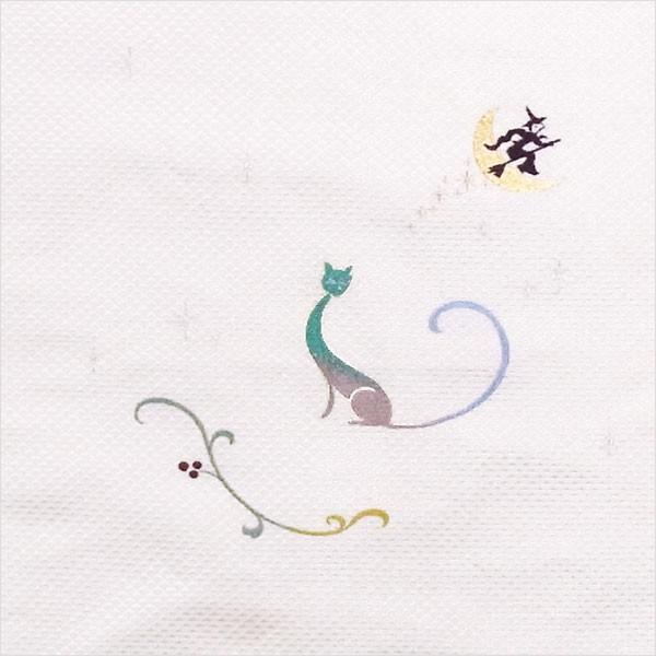 名古屋帯 正絹 白 ネコ 月 ハロウィーン 〜月夜のねこ〜 クリーム 京玉響