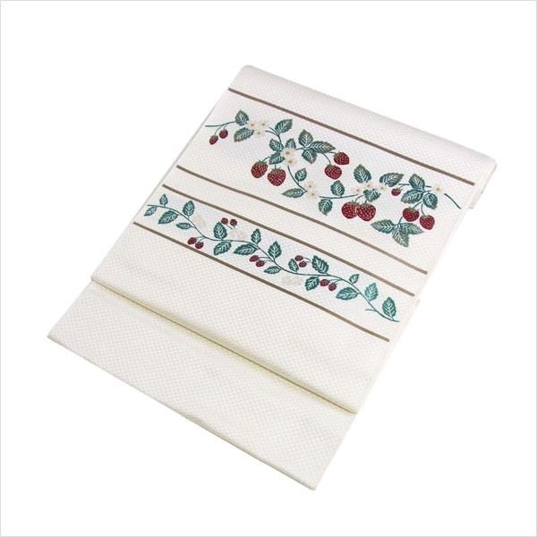 名古屋帯 正絹 白 〜横段いちご〜 クリーム 京玉響 西陣織 : 名古屋帯