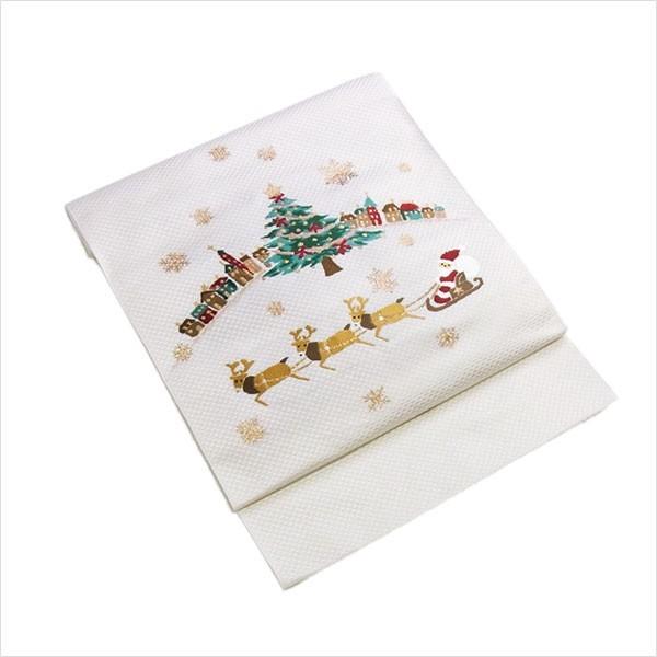 名古屋帯 正絹 白 クリスマス 〜クリスマス・トナカイ〜 ホワイト 京玉