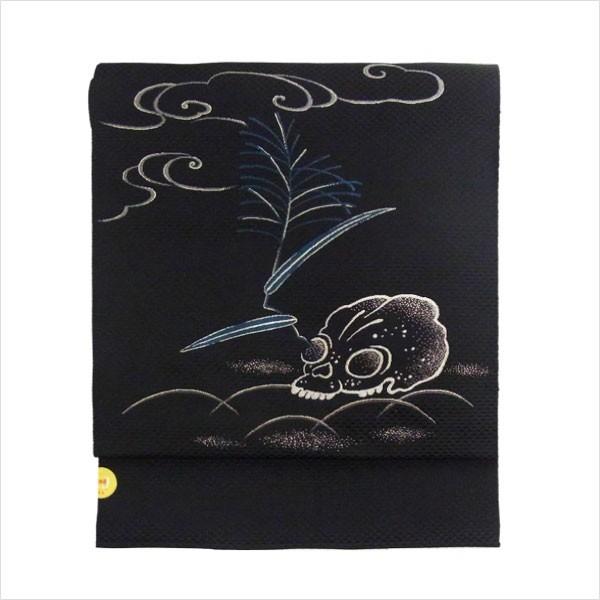 名古屋帯 正絹 黒 伊藤若冲 〜髑髏図〜 どくろ しゃれこうべ ブラック  