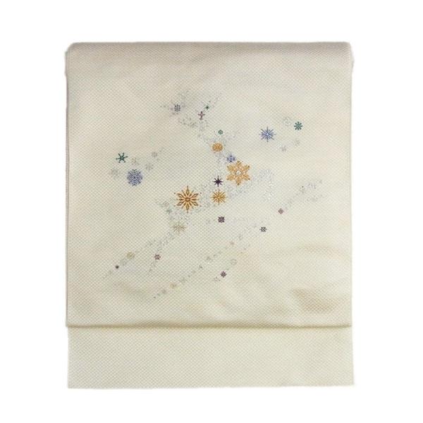 名古屋帯 正絹 白 雪 クリスマス 〜トナカイ〜 クリーム 京玉響 西陣織