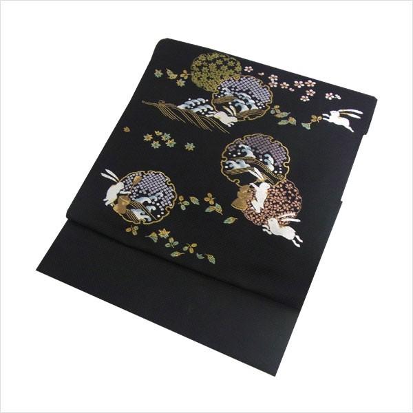 名古屋帯 正絹 黒 兎 〜雪輪うさぎ〜 ブラック 京玉響 西陣織 : 名古屋