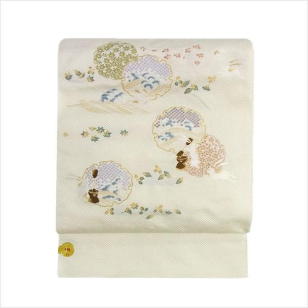 名古屋帯 正絹 白 兎 〜雪輪うさぎ〜 クリーム 京玉響 西陣織 