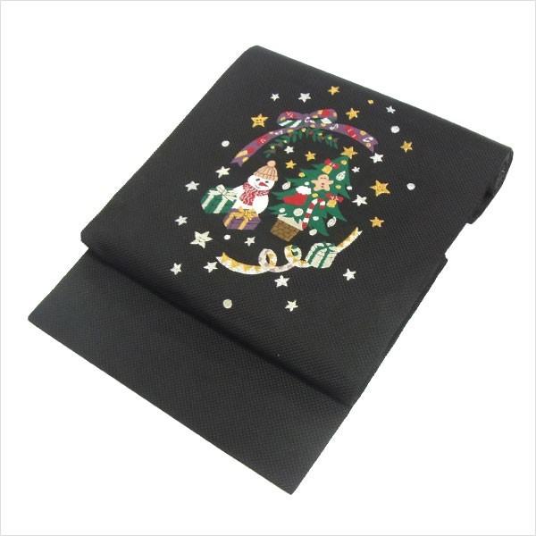 仕立て済み 名古屋帯 正絹 黒 クリスマス 雪だるま 〜クリスマスツリー