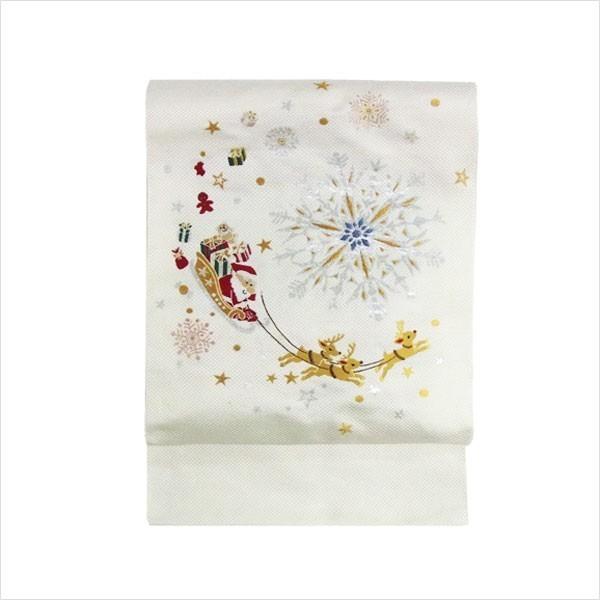 仕立て済み 名古屋帯 正絹 白 クリスマス 雪の結晶 〜雪夜のサンタそり