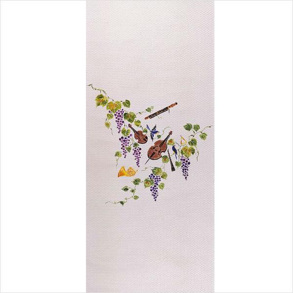 名古屋帯 正絹 手描き 「小鳥の音楽会」 淡緑 淡黄 淡紫 白 京玉響