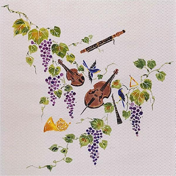 名古屋帯 正絹 手描き 「小鳥の音楽会」 淡緑 淡黄 淡紫 白 京玉響