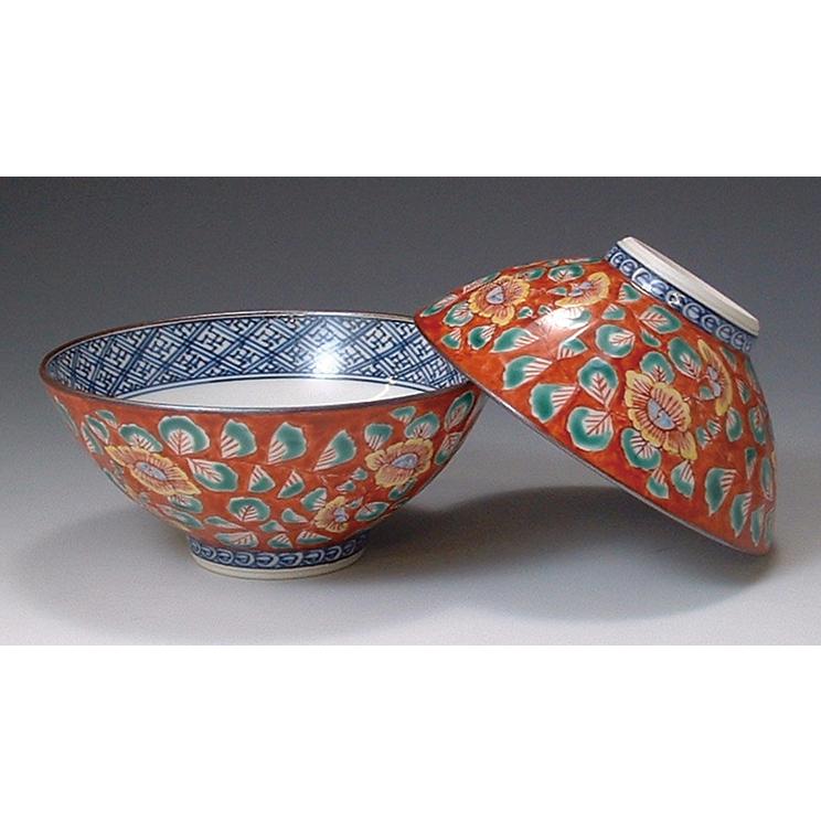 京焼・清水焼 山本壹(壹窯) 赤濃牡丹唐草組飯碗 清水焼 赤濃