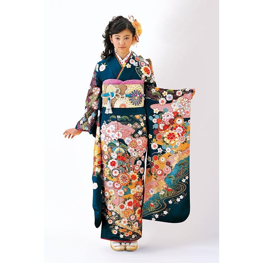 お誂え仕立付振袖 成人式振袖購入 B102 ネイビー 紺地 古典 御所車 花柄 B102 1 きもの京和楽 通販 Yahoo ショッピング