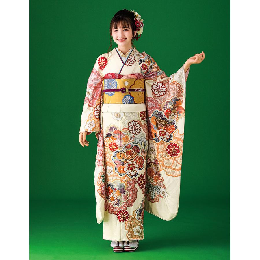 単品振袖 成人式振袖購入 b152-1 クリーム・黄地/古典・雪輪柄 単品振袖 成人式振袖購入 b152-1 クリーム・黄地/古典・雪輪柄