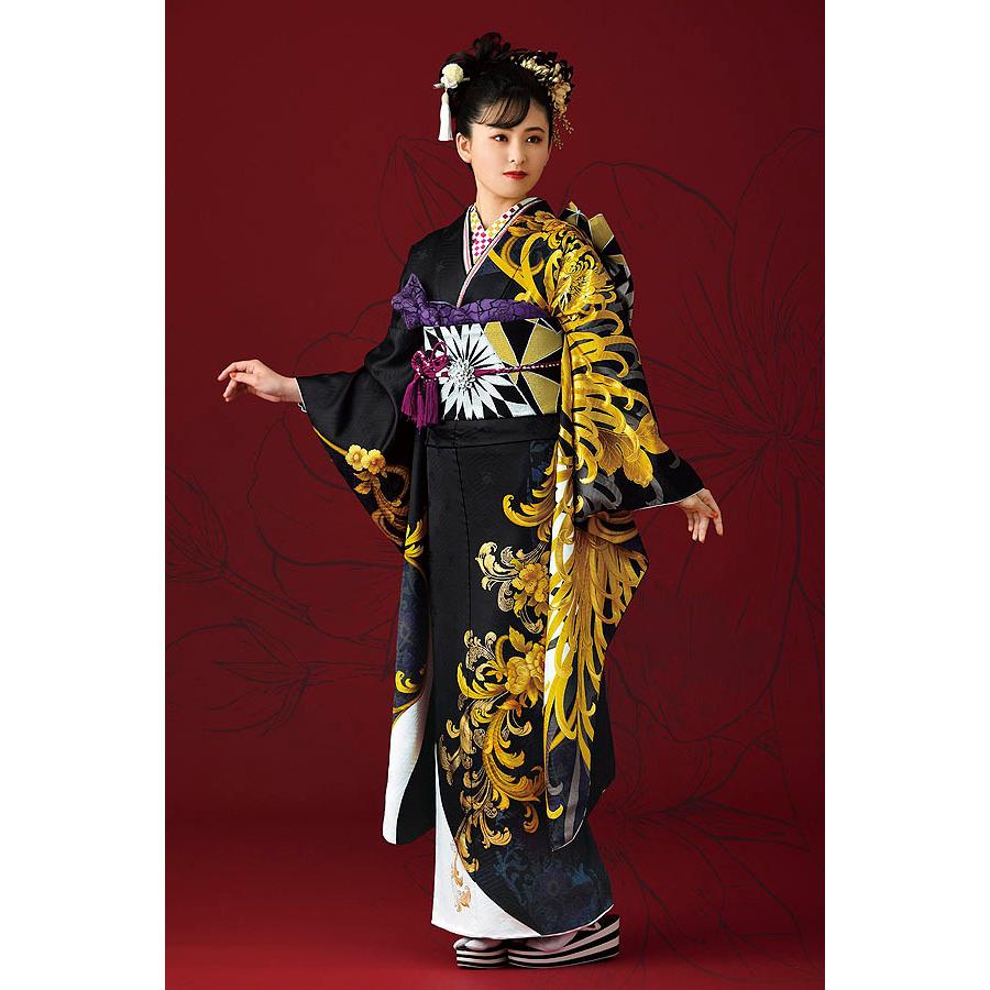 振袖購入 成人式振袖 お誂え仕立付振袖フルセット c324 ブラック・白