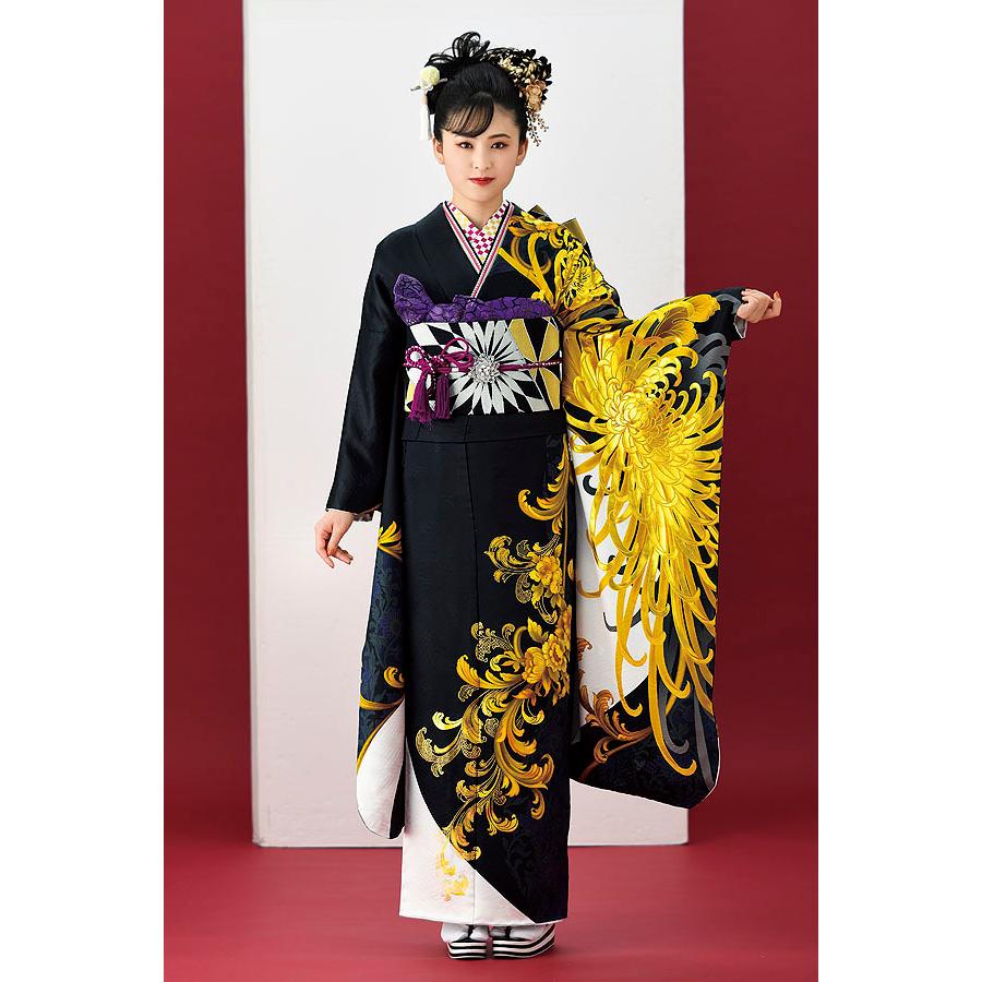 振袖購入 成人式振袖 お誂え仕立付振袖フルセット c324 ブラック・白