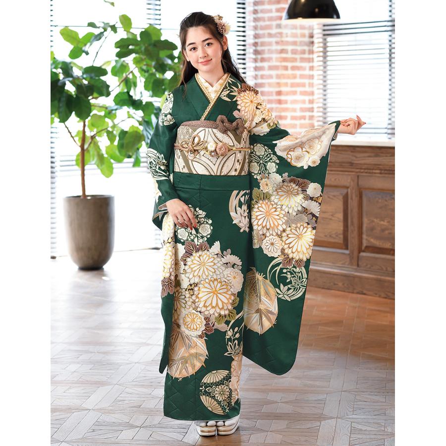 単品振袖 成人式振袖購入 c3803-1 グリーン地/花輪柄 : c3803-1 