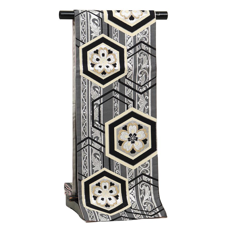 振袖用袋帯 isc383 成人式振袖 グレー/六角桜紋様 : きもの京