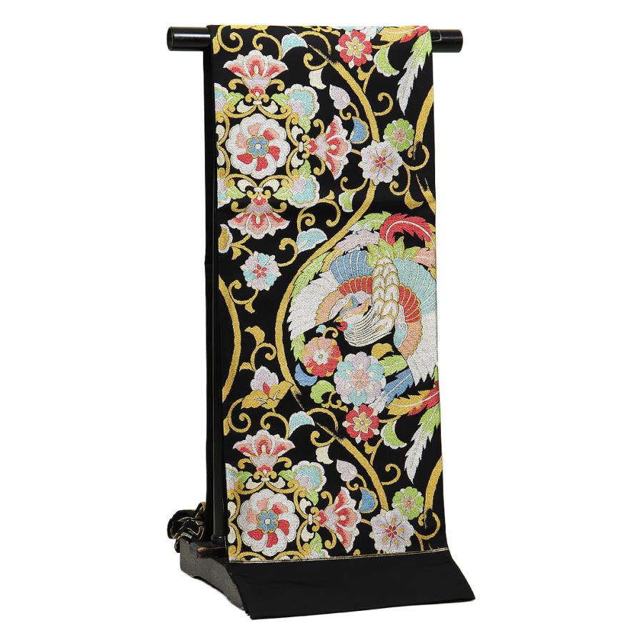 振袖用袋帯 isc385 成人式振袖 ブラック・黒地/唐草に鳳凰柄 : isc385  