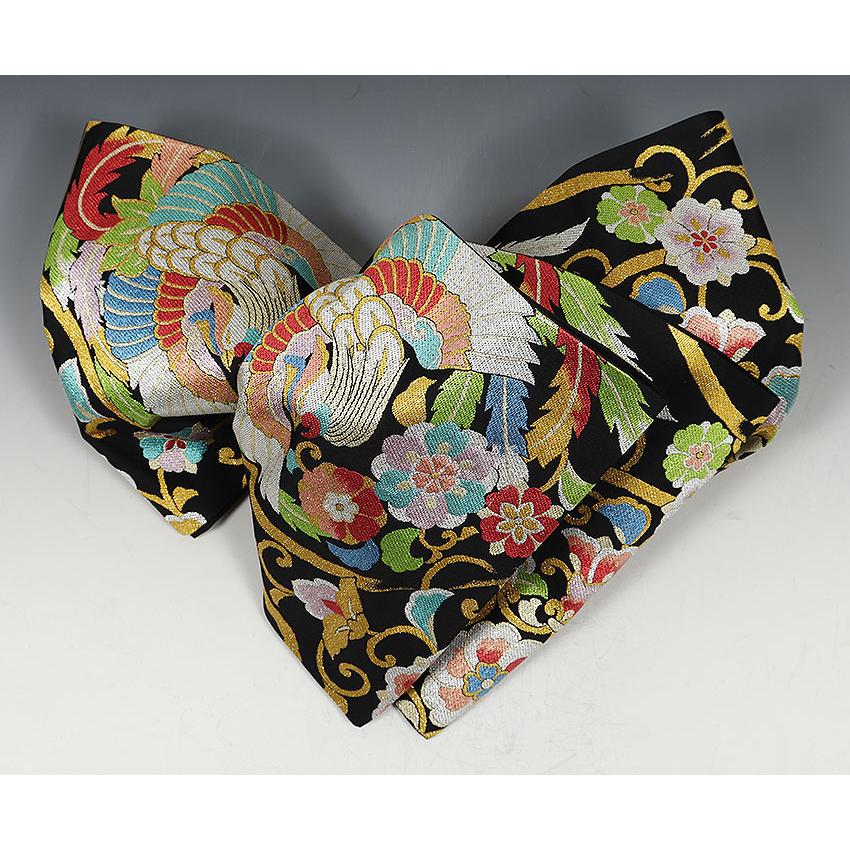 振袖用袋帯 isc385 成人式振袖 ブラック・黒地/唐草に鳳凰柄 : isc385  