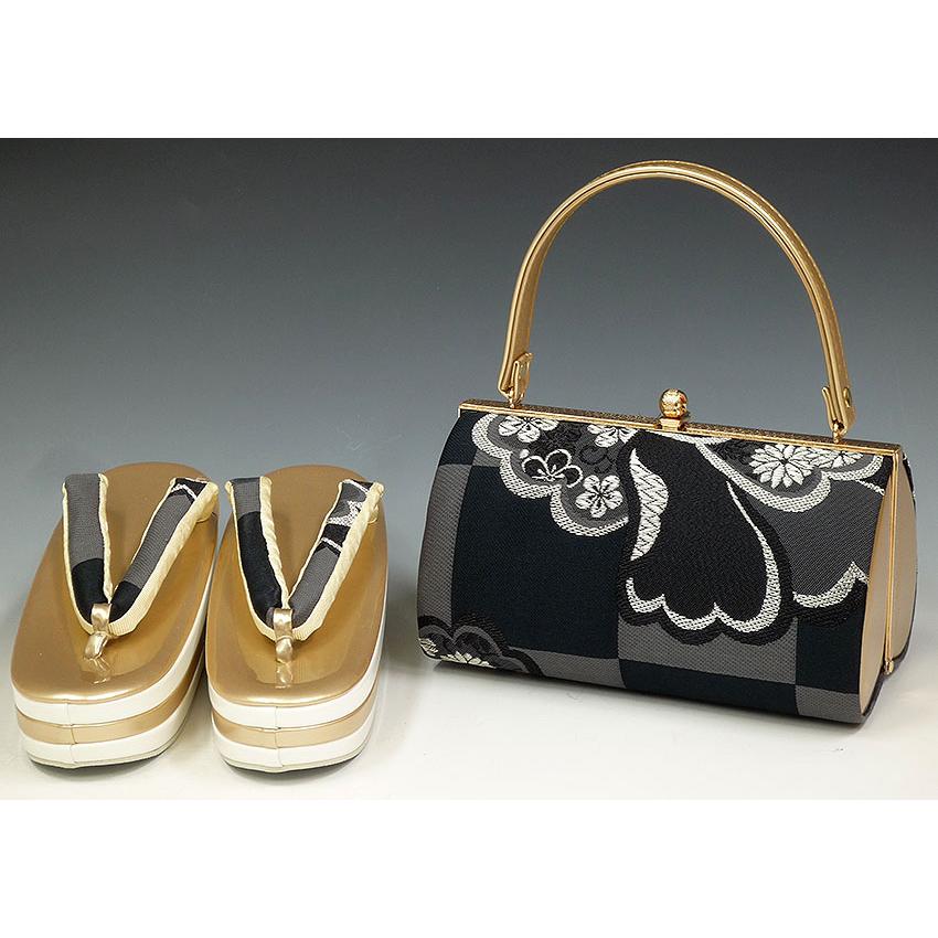 ゴールドなセット売り　和バッグ草履　バッグは西陣帯地 振袖用-草履バッグセット 西陣帯地 iszo8276-5 3枚芯