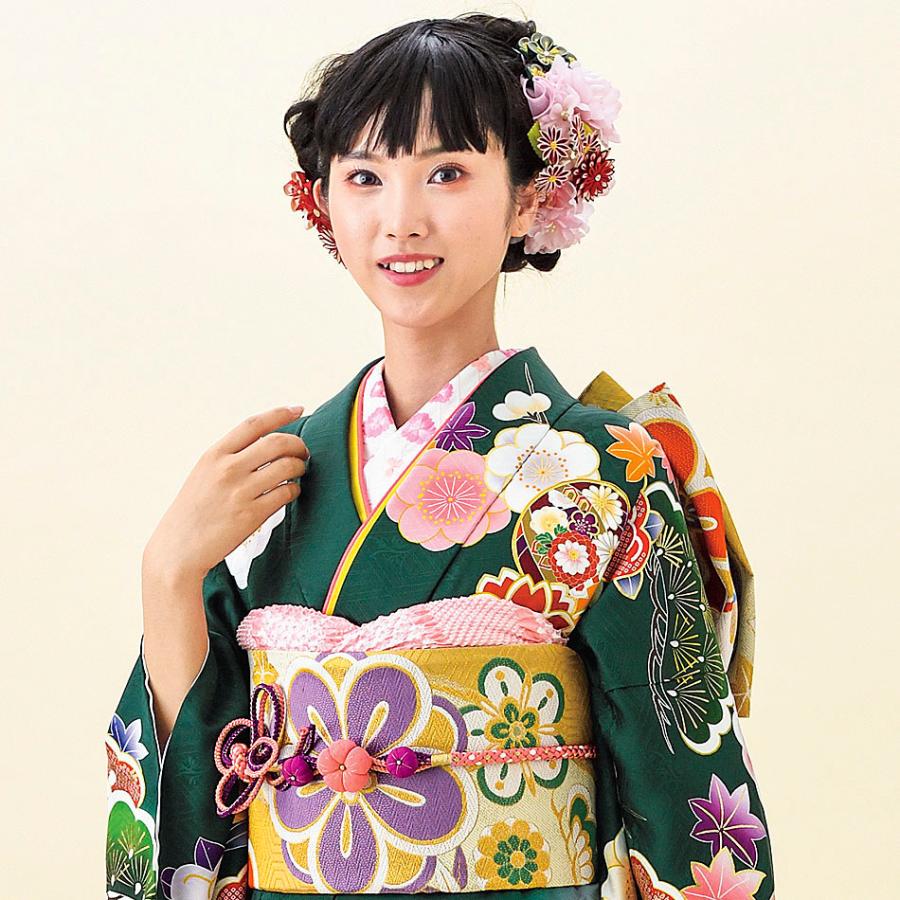 本振袖 緑地 花柄 襦袢、袋帯付き