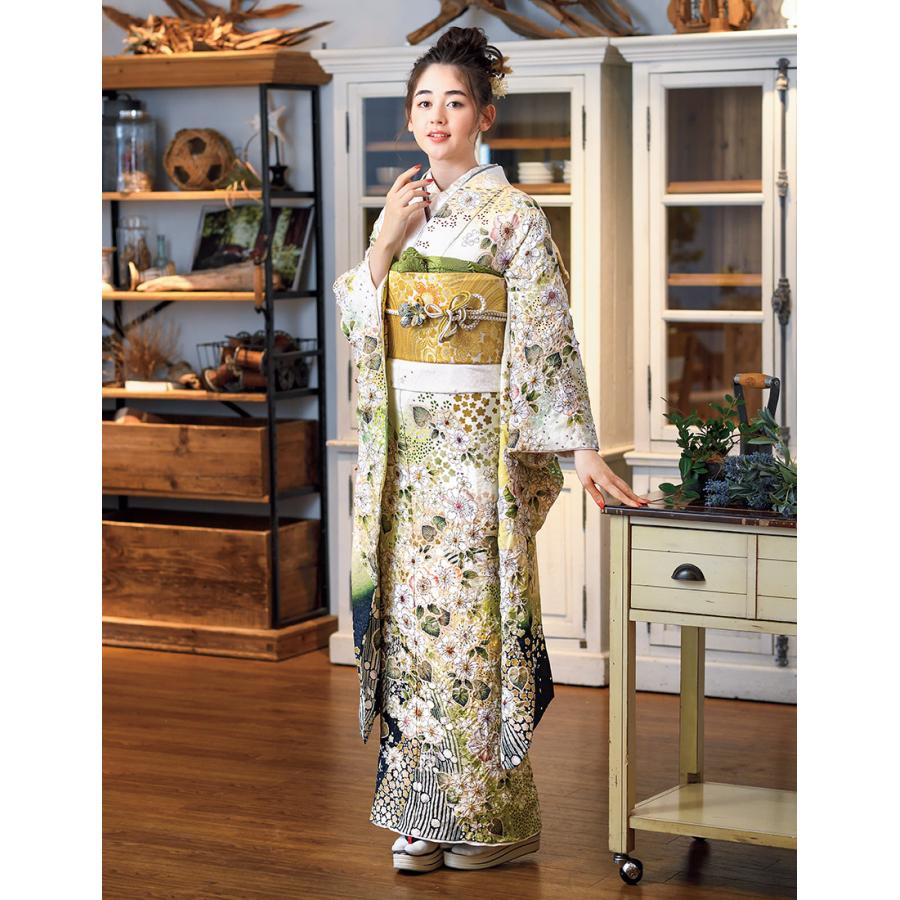 単品振袖 成人式振袖購入 s3301-1 白地に緑ぼかし/辻が花文様 単品振袖 成人式振袖購入 s3301-1 白地に緑ぼかし/辻が花文様