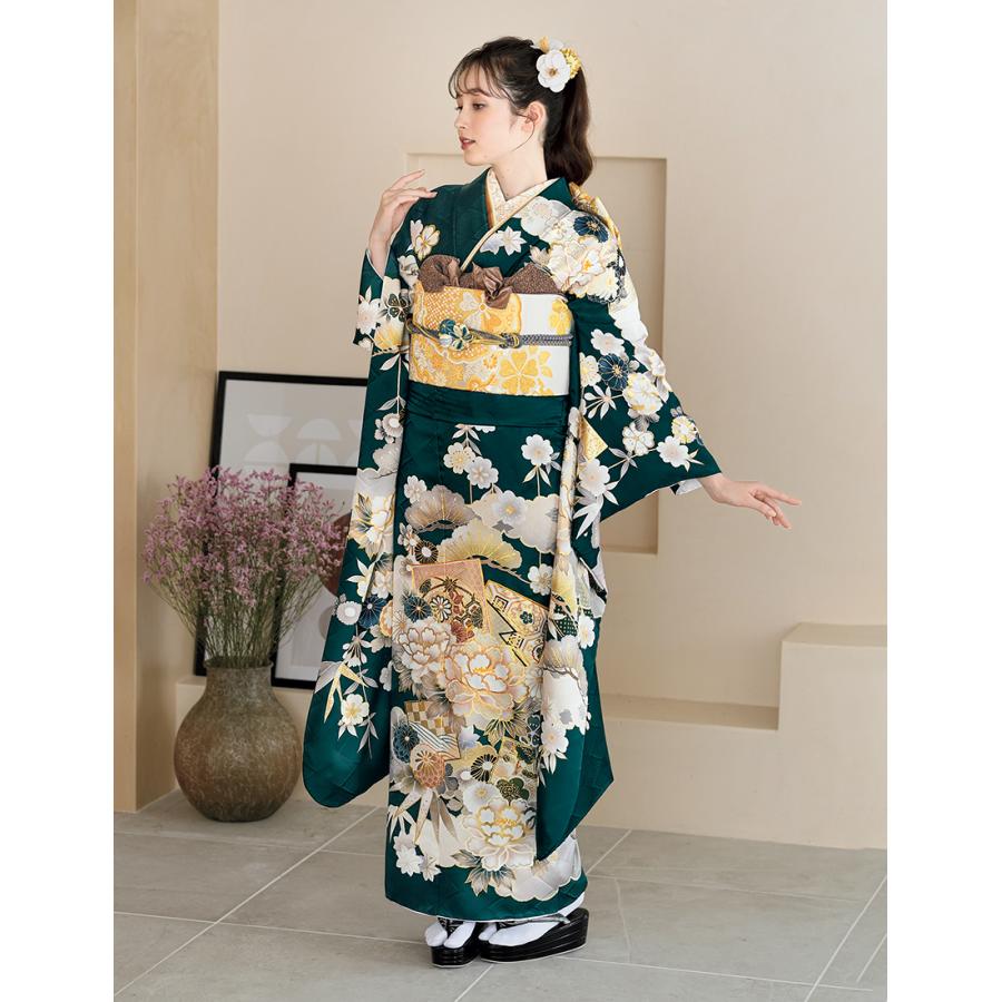 振袖フルセット 古典柄モスグリーン 振袖 (グリーン・カーキ/緑色系)の