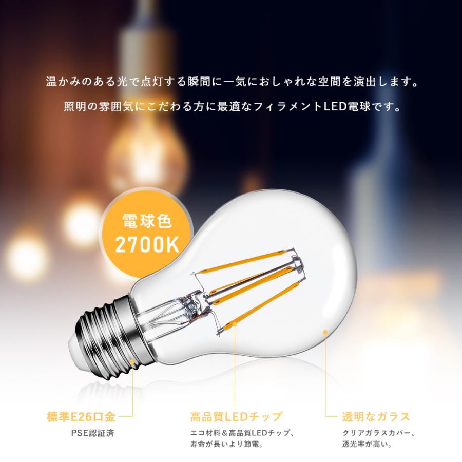 【4個セット 送料無料】LED電球 40W形 60W形 E26 ボールA60 フィラメント電球 LEDクリア電球 エジソンランプ アンティーク照明 広配光タイプ（GT-A60-T6W）｜kyodo-store｜07