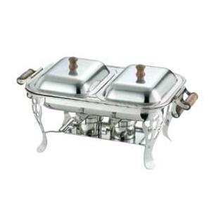 送料無料 ビュッフェ/バイキング用品 UK18-8ステンレス 木柄 角 チューフィングディッシュ ダブル 22インチ(EBM25-1)(1184-2)