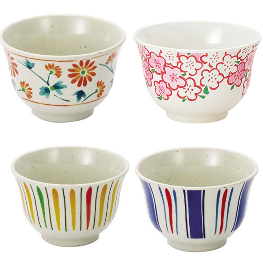 メラミン製 湯呑 4柄(花唐草/紅白梅/糸十草/青の縞)(φ92×H60mm・215ml