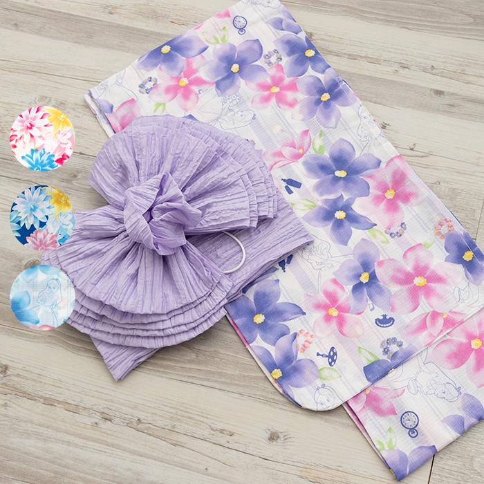 浴衣2点セット ジュニア ディズニー 浴衣 子供 女の子 ミニー アリス ガールズ 浴衣 作り帯 4colors